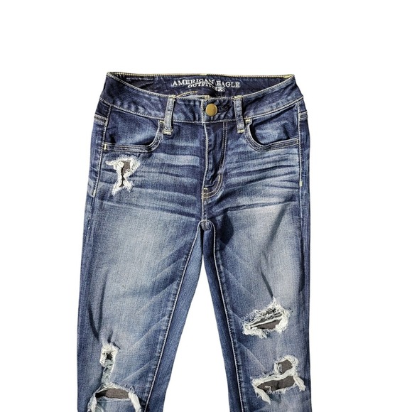 American Eagle Jeggings‎ Ripped Distressed Dark Wash Denim Jeans Size 4 - Picture 5 of 7